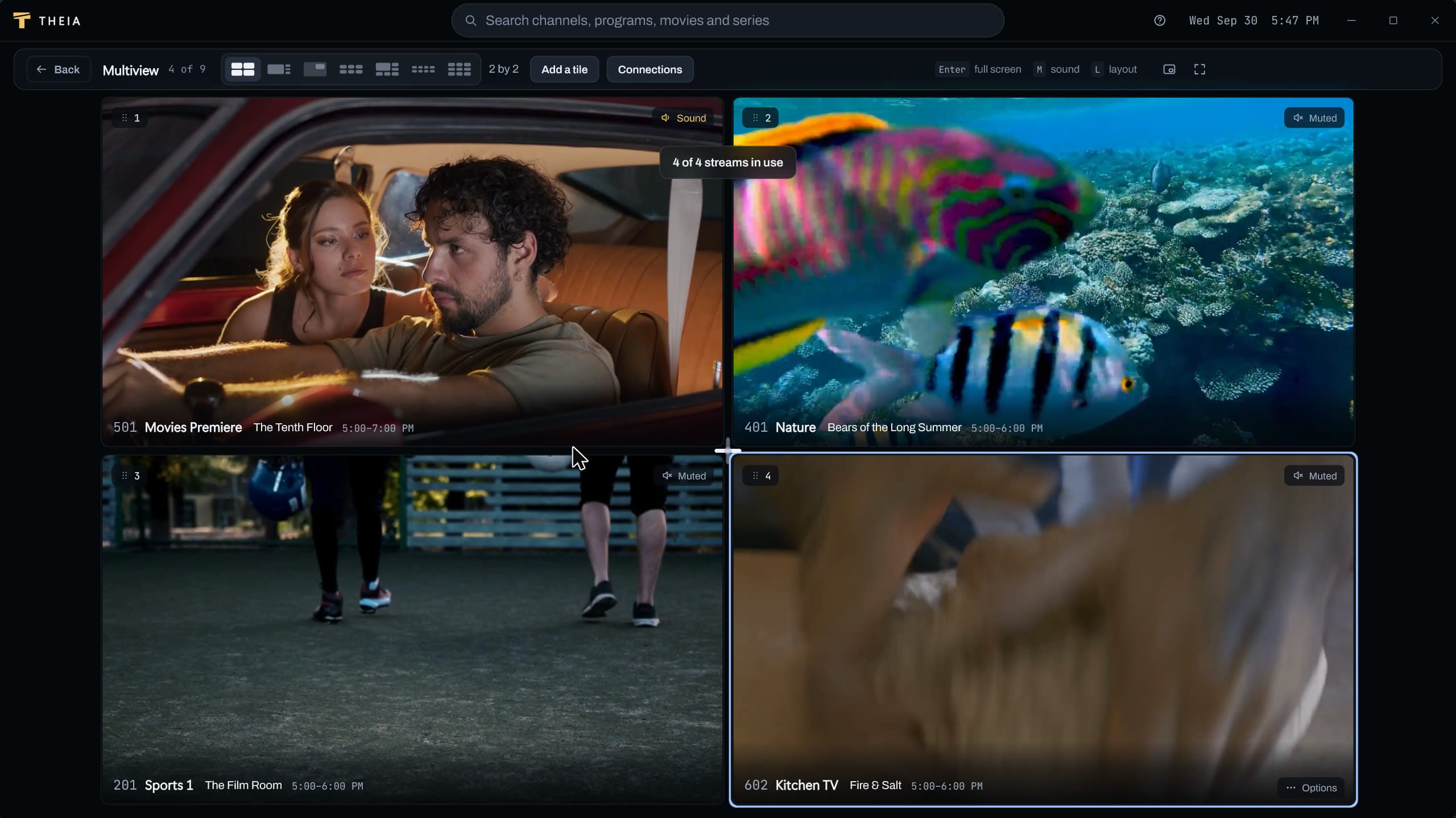 Theia's Home screen: a demo channel playing in a preview, Continue watching with live channels and movies, recordings and the TV guide.