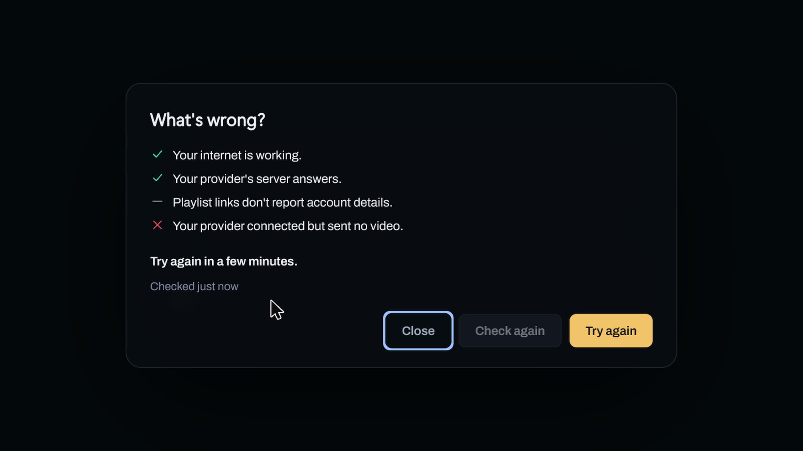 A demo channel that won't play. Playback status checks the connection and says the provider connected but sent no video, so try again in a few minutes.