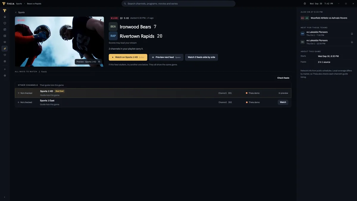 A demo game page in Theia: a live preview, the score, and buttons to watch or preview each feed.