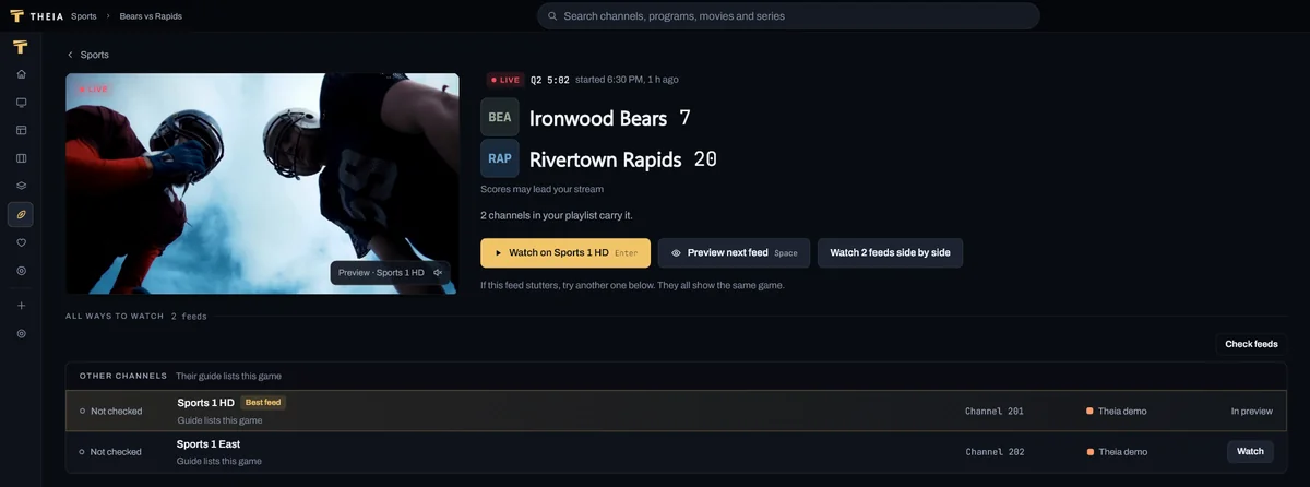 A game's page in Theia: the made-up Ironwood Bears and Rivertown Rapids, live in the second quarter with the score, Watch on Sports 1 HD, and the two demo channels that carry the game.