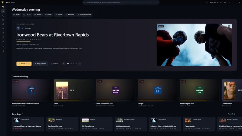 The Home screen with a featured demo game, continue watching, recordings and the TV guide.