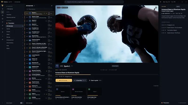 The Live TV screen with a list of demo channels beside a preview.