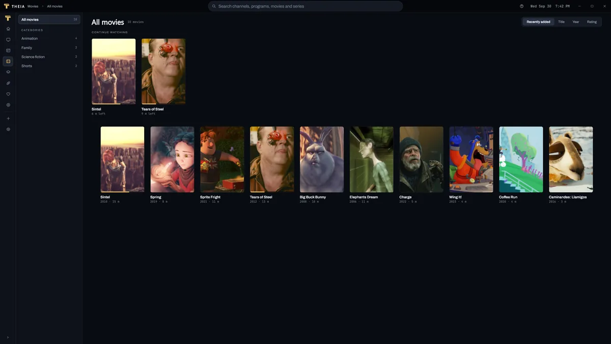 Theia's Movies screen on Windows in the dark Midnight theme: Continue watching with two open movies from the demo source, then a row of posters with their year and length.